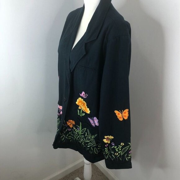 Quacker Factory Womens Black Jacket SZ 1X Embroidered Floral Butterflies *FLAWS* - Picture 11 of 16